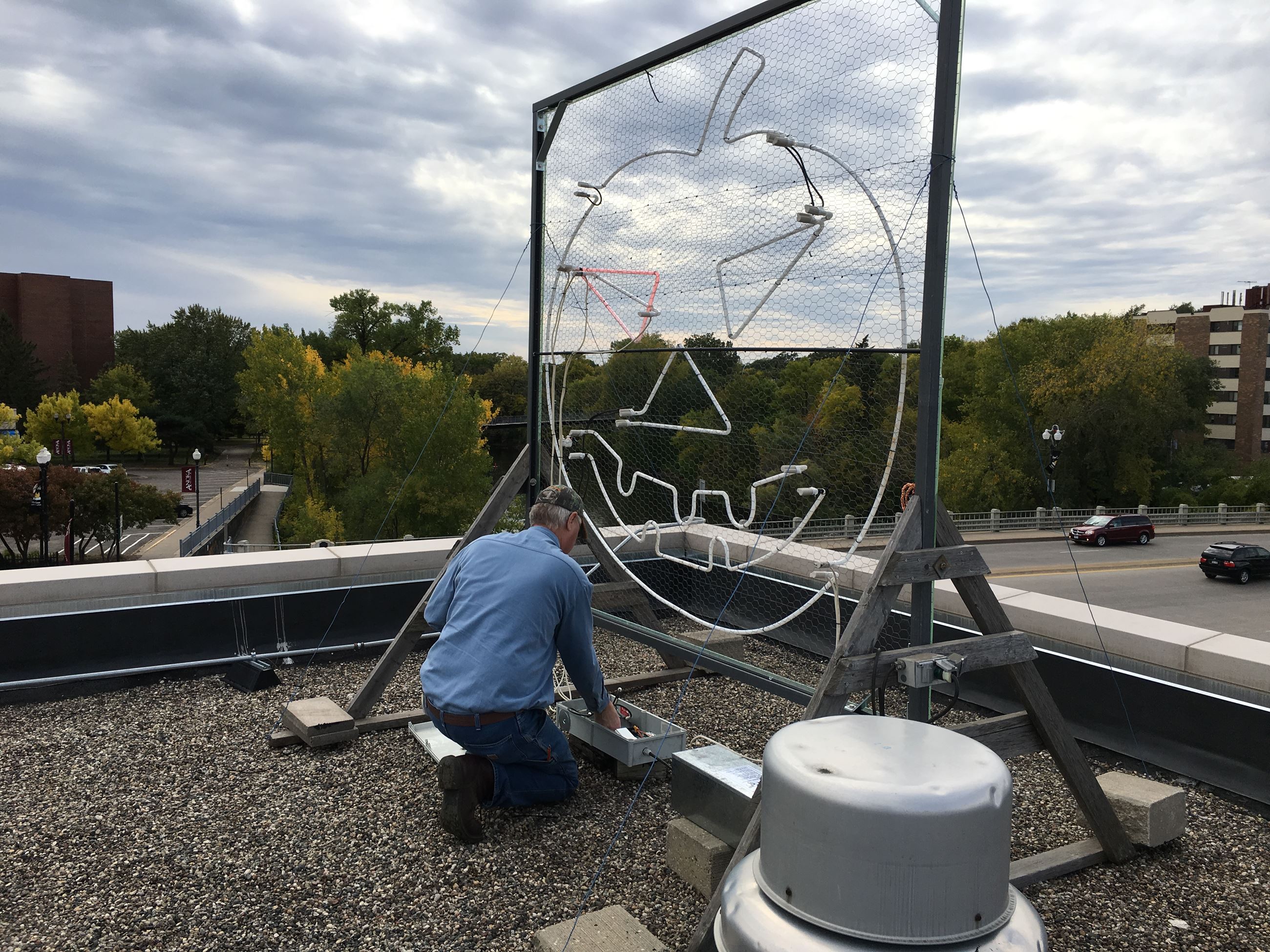 Picture of Master Electrician Steve working on Winkie the Pumpkin in October of 2018